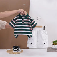 Boys Dark Green Striped Polo T-shirt With Elasticated Shorts Sets 2 pc. Sets Dark Green 1-2 Y