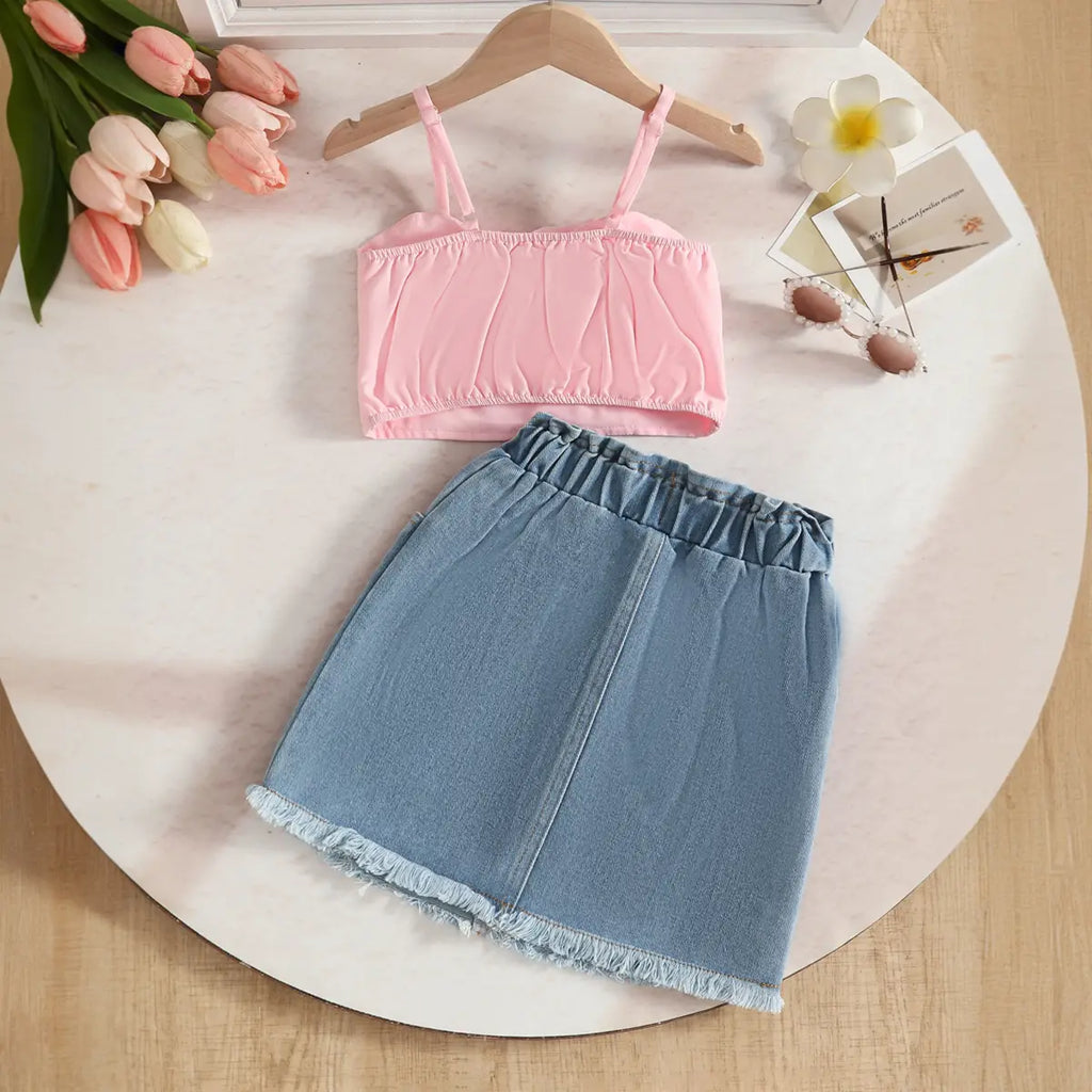 Girls Pink 3D Flower Applique Embellished Top With Denim Skirt Sets Sets
