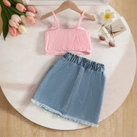 Girls Pink 3D Flower Applique Embellished Top With Denim Skirt Sets Sets