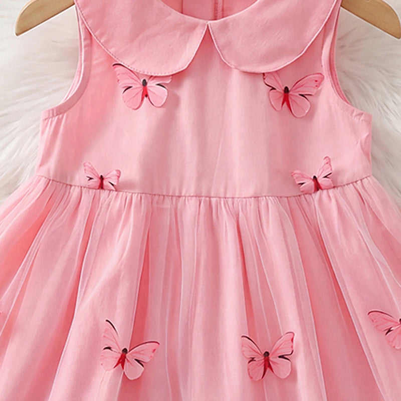 Girls Pink Butterfly Applique Peter Pan Collar Fit & Flare Dress Casual Dresses