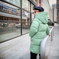Girls Light Green Solid Puffer Hooded Down Jacket Coats & Jackets