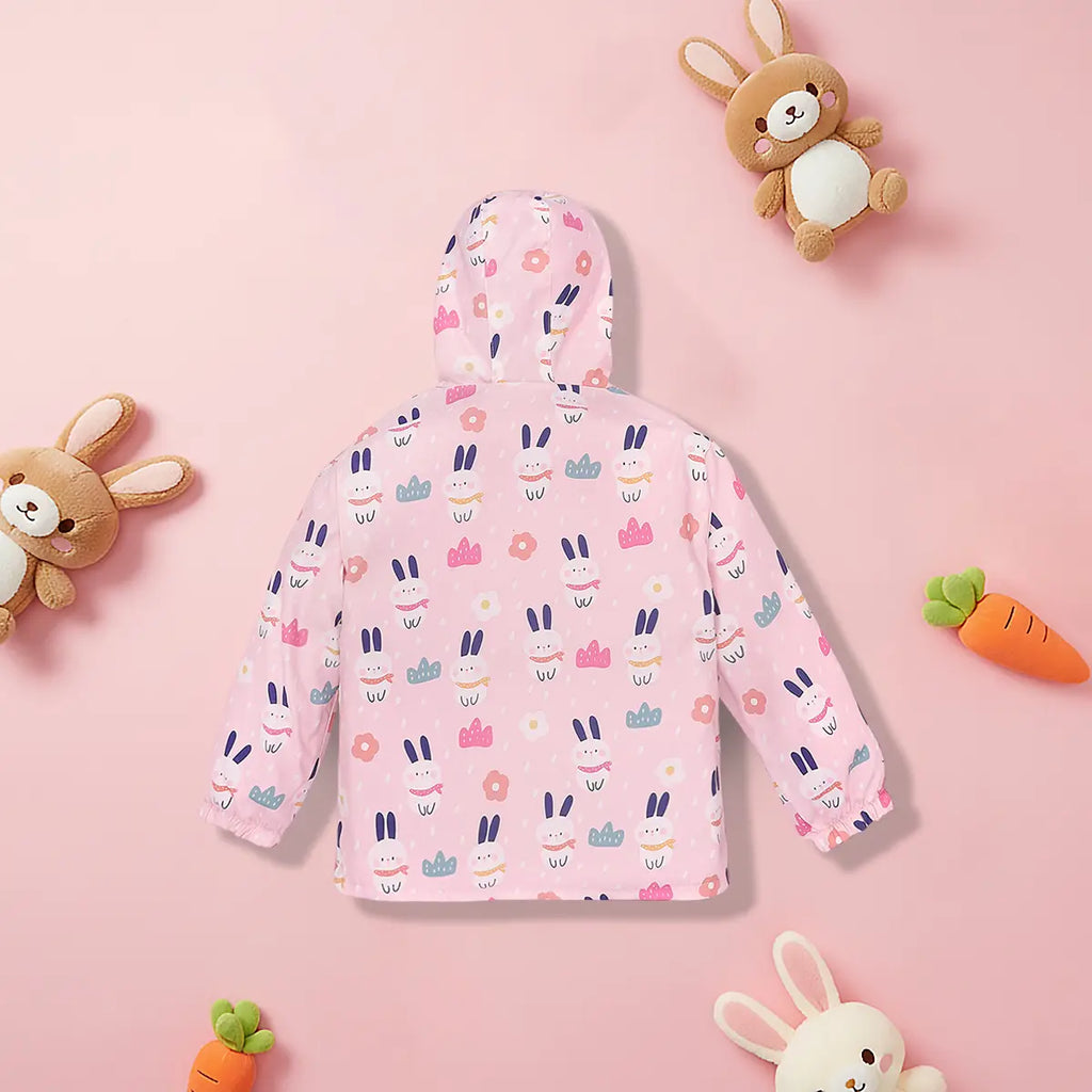 Girls Light Pink Rabbit Reversible Printed Hooded Zipper Jacket Coats & Jackets