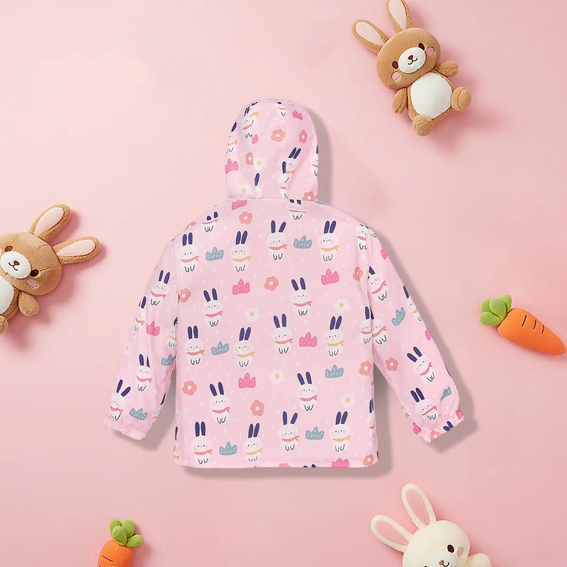 Girls Light Pink Rabbit Reversible Printed Hooded Zipper Jacket Coats & Jackets