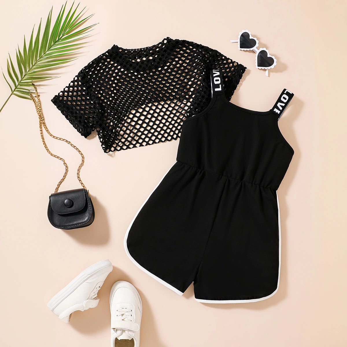 Girls Black Typographic Print Romper With Mesh Top Playsuits