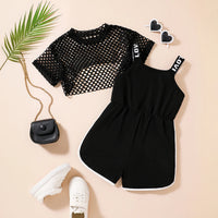 Girls Black Typographic Print Romper With Mesh Top Playsuits