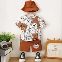 Boys Brown Animal Printed Short Sleeves T-Shirt With Hat And Shorts Set 3 pc. Sets Brown 3-4 Y