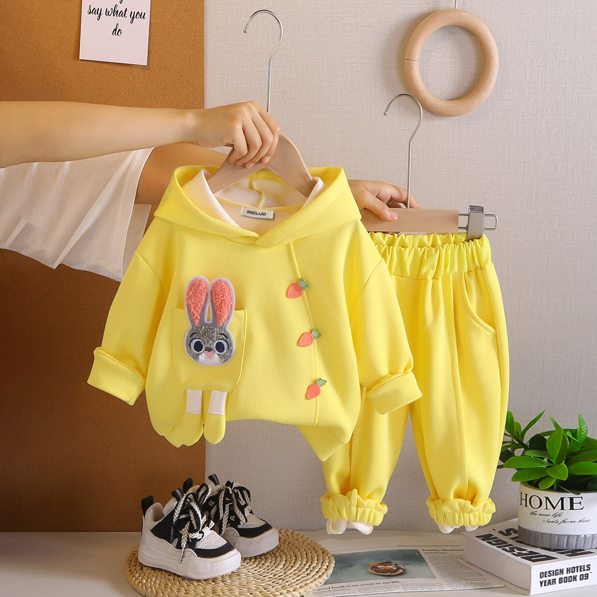 Girls Yellow Solid Rabbit Applique Hooded Sweatshirt With joggers Set 2 pc. Sets