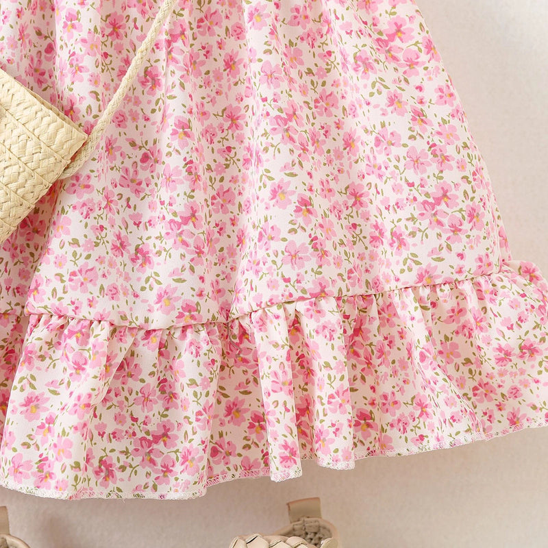 Girls Pink Floral Printed Square Neck Fit & Flare Dress Casual Dresses