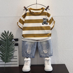 Boys Olive Brown Short Sleeve Striped T-Shirt With Distressed Denim Shorts Sets 2 pc. Sets Olive 1-2 Y
