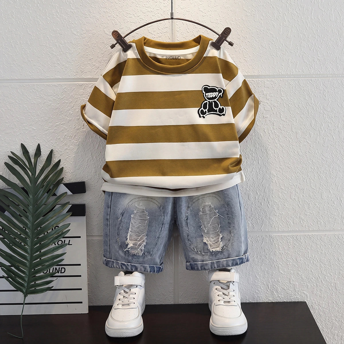 Boys Olive Brown Short Sleeve Striped T-Shirt With Distressed Denim Shorts Sets 2 pc. Sets Olive 1-2 Y