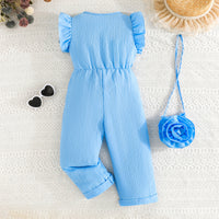 Girls Light Blue Textured Flutter Sleeves Overall Jumpsuit With Sling Bag Jumpsuits