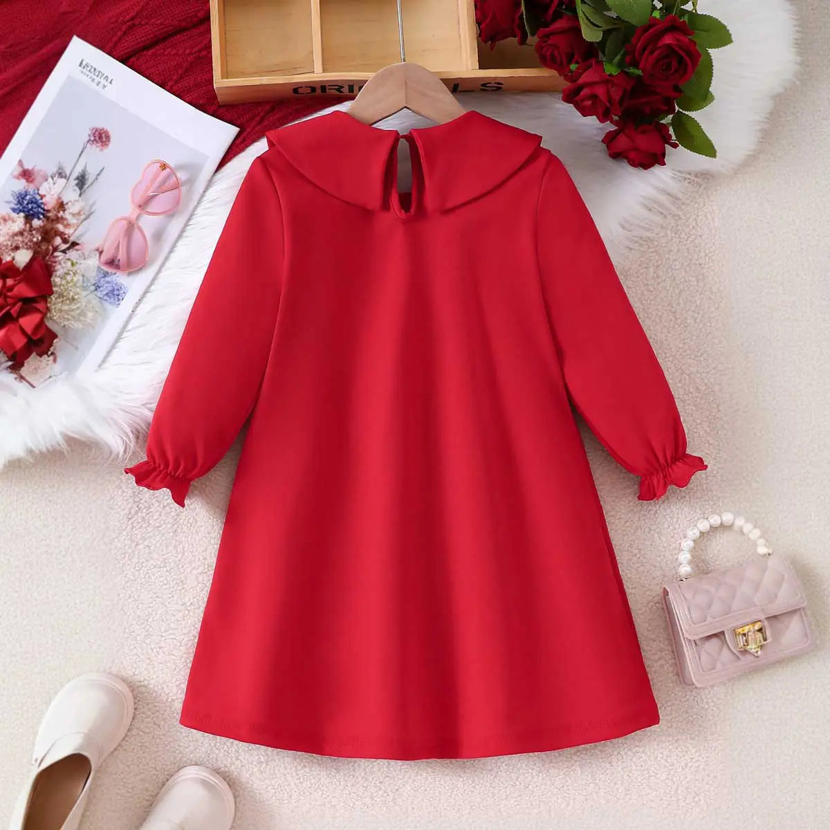 Girls Red Solid Bow Long Sleeves A-line Dress Casual Dresses