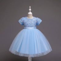Girls Sky Blue Puff Sleeve Sequins Embellished Fit & Flare Party Wear Dress Party Dresses Sky Blue 2-3 Y
