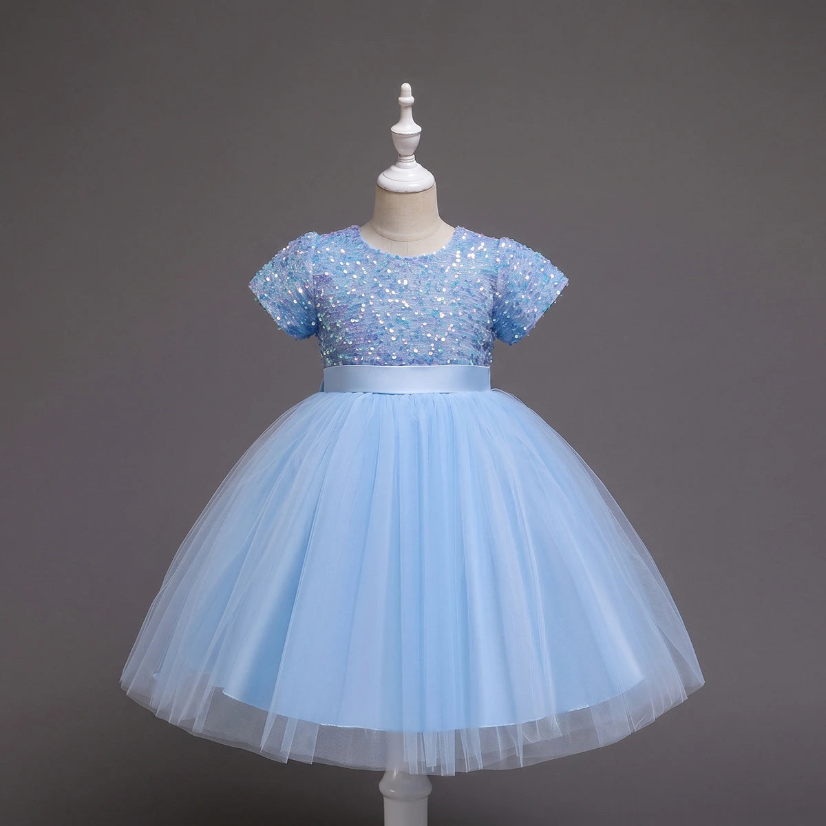 Girls Sky Blue Puff Sleeve Sequins Embellished Fit & Flare Party Wear Dress Party Dresses Sky Blue 2-3 Y