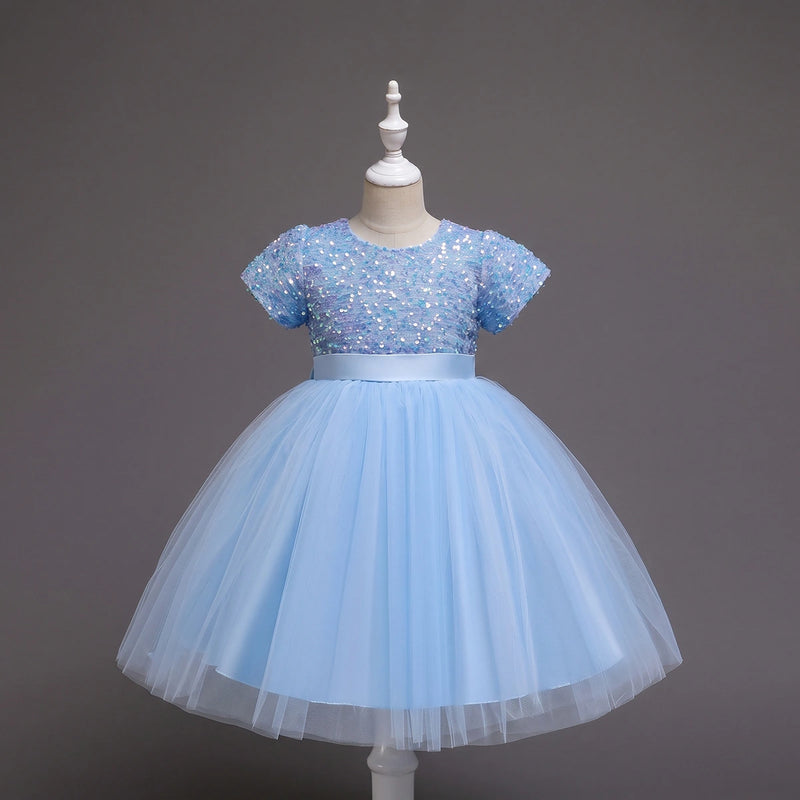 Girls Sky Blue Puff Sleeve Sequins Embellished Fit & Flare Party Wear Dress Party Dresses Sky Blue 2-3 Y