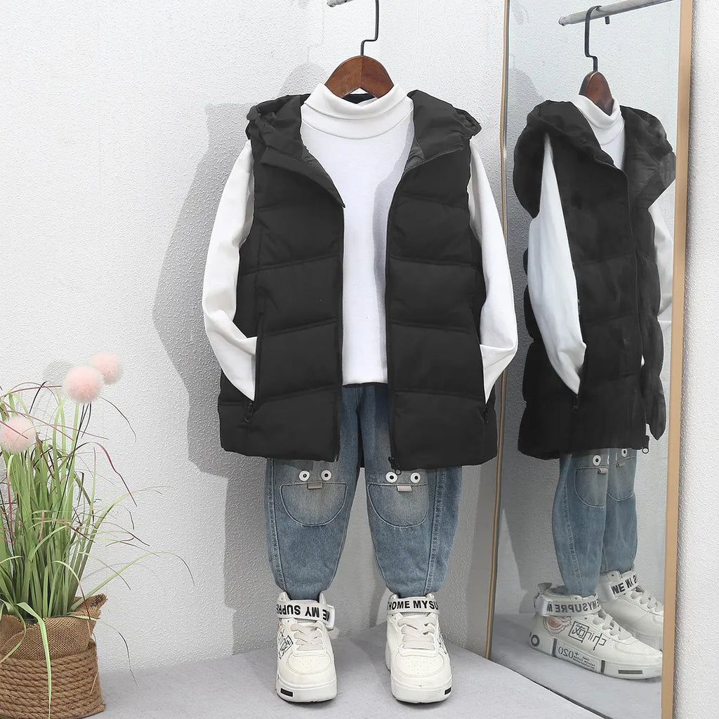 Girls Black Sleeveless Hooded Puffer Long Vest Coats & Jackets Black 4-5 Y