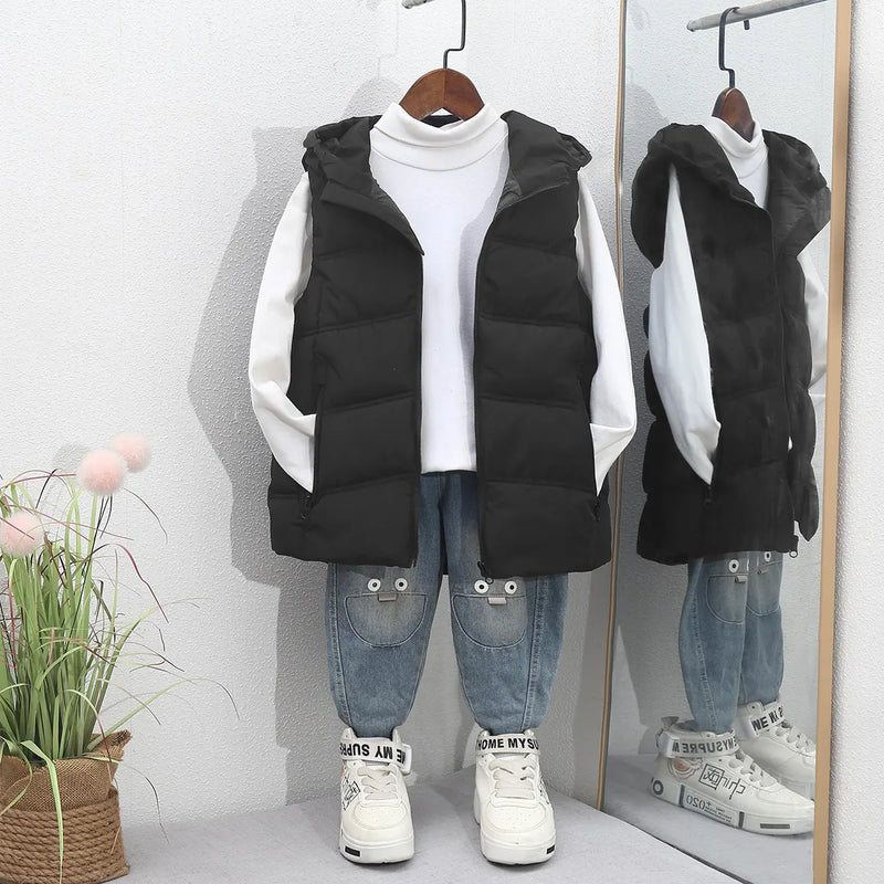 Girls Black Sleeveless Hooded Puffer Long Vest Coats & Jackets Black 4-5 Y