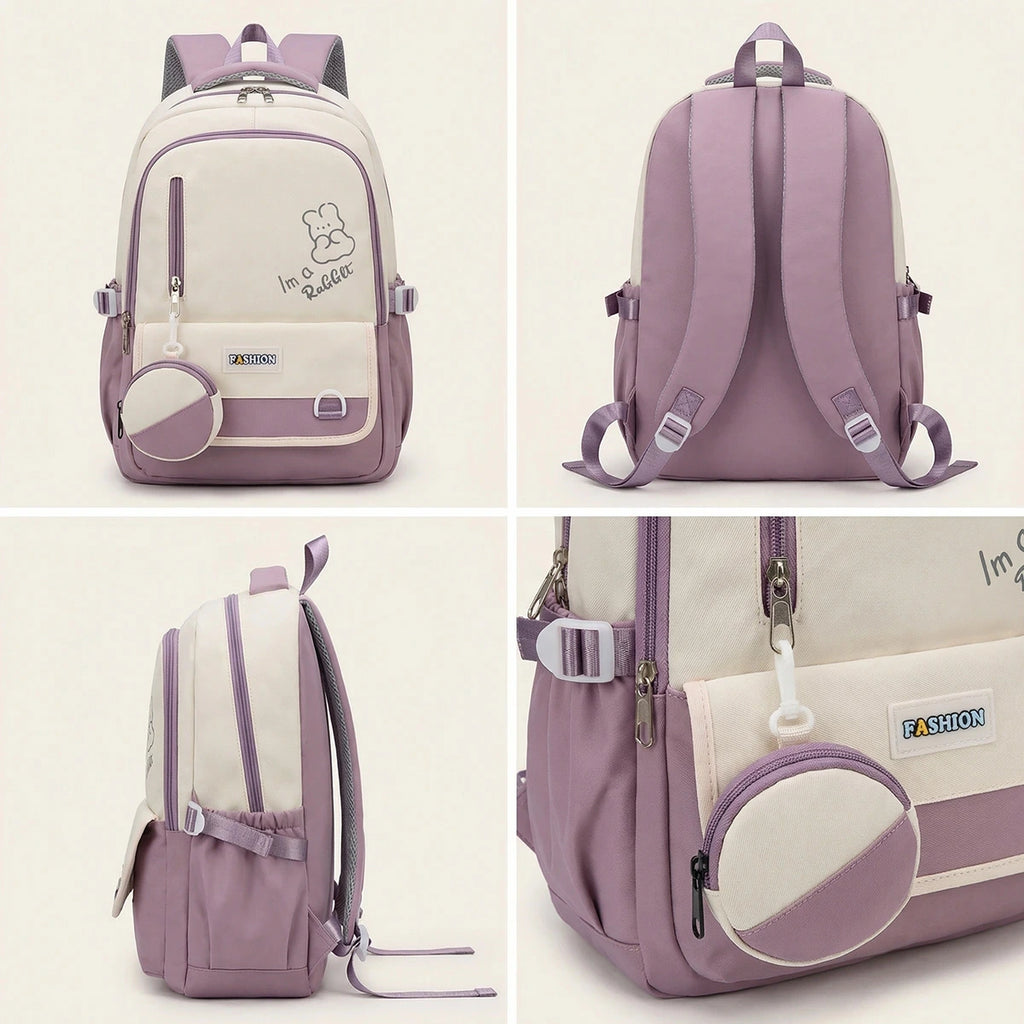 Kids Purple Rabbit Print Multi-Pocket School Backpack Trending Accessories