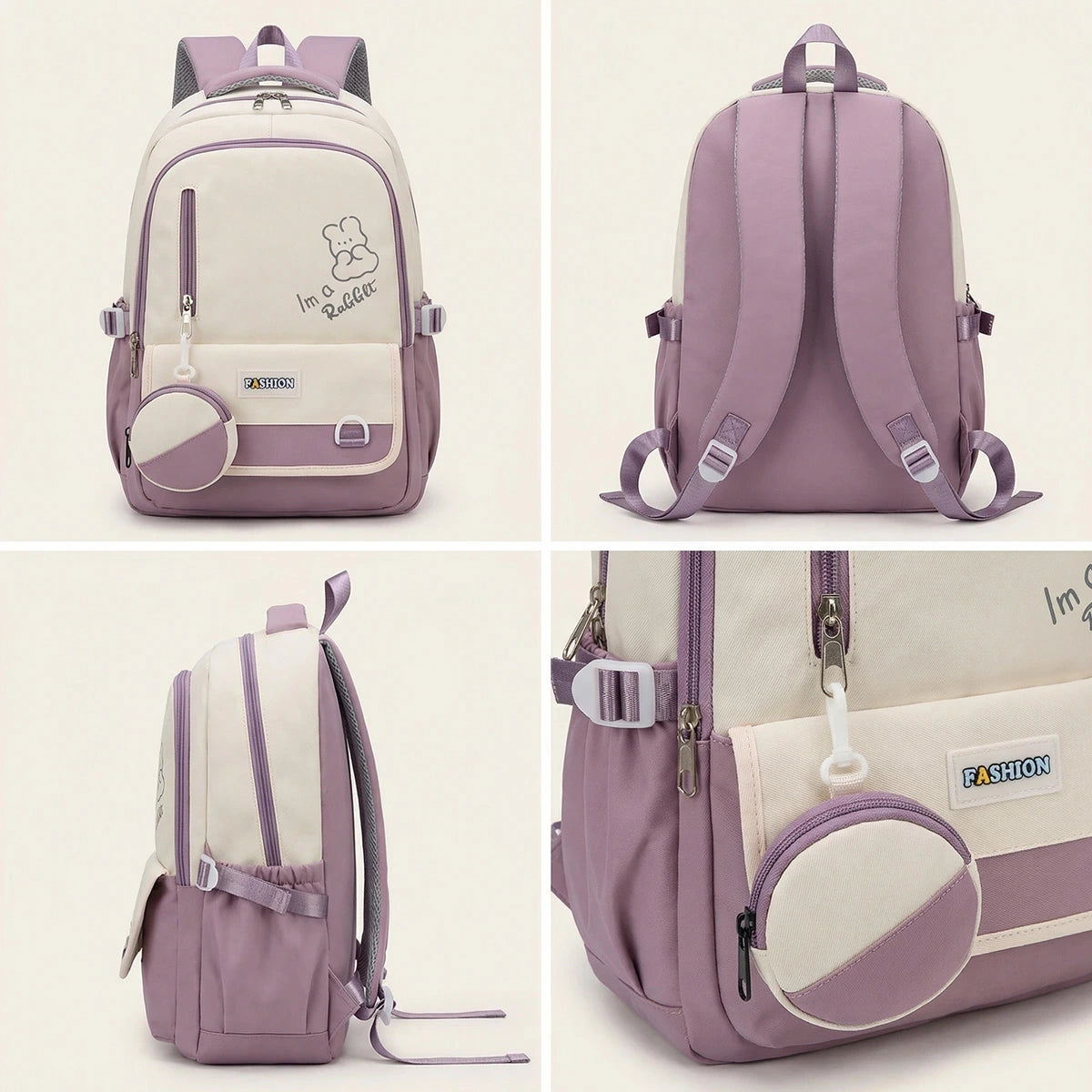 Kids Purple Rabbit Print Multi-Pocket School Backpack Trending Accessories