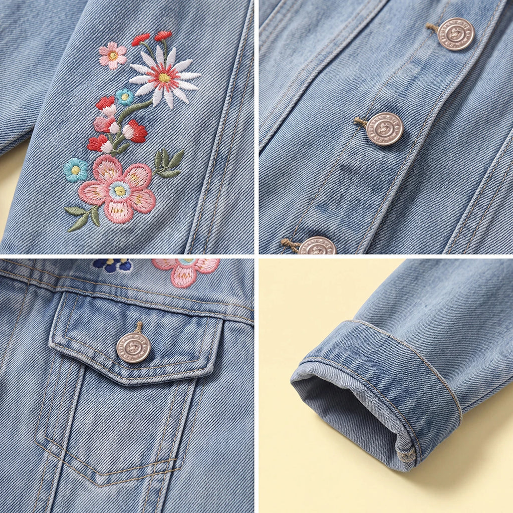 Girls Light Blue Floral Embroidered Denim Jacket Coats & Jackets