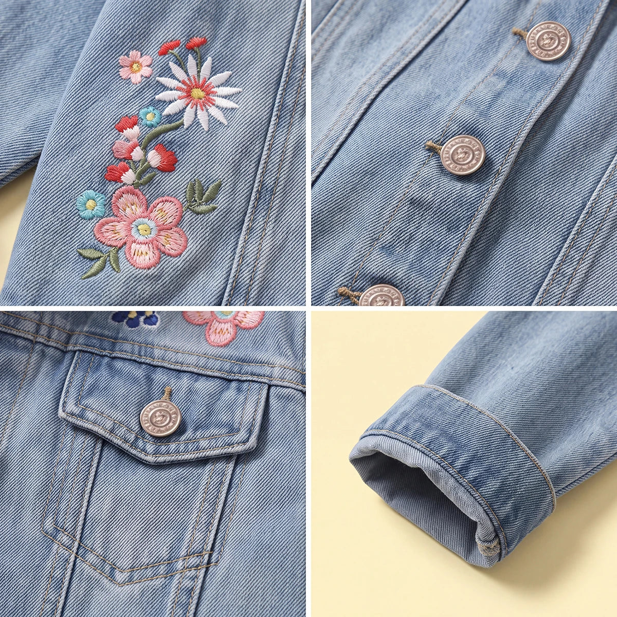Girls Light Blue Floral Embroidered Denim Jacket Coats & Jackets