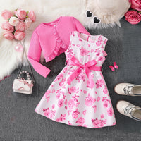 Girls Pink Floral Print Sleeveless Dress With Shrug Casual Dresses Pink 3-4 Y