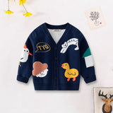 Boys Navy Blue Knitted Cardigan with Self-Design Animal Patterns