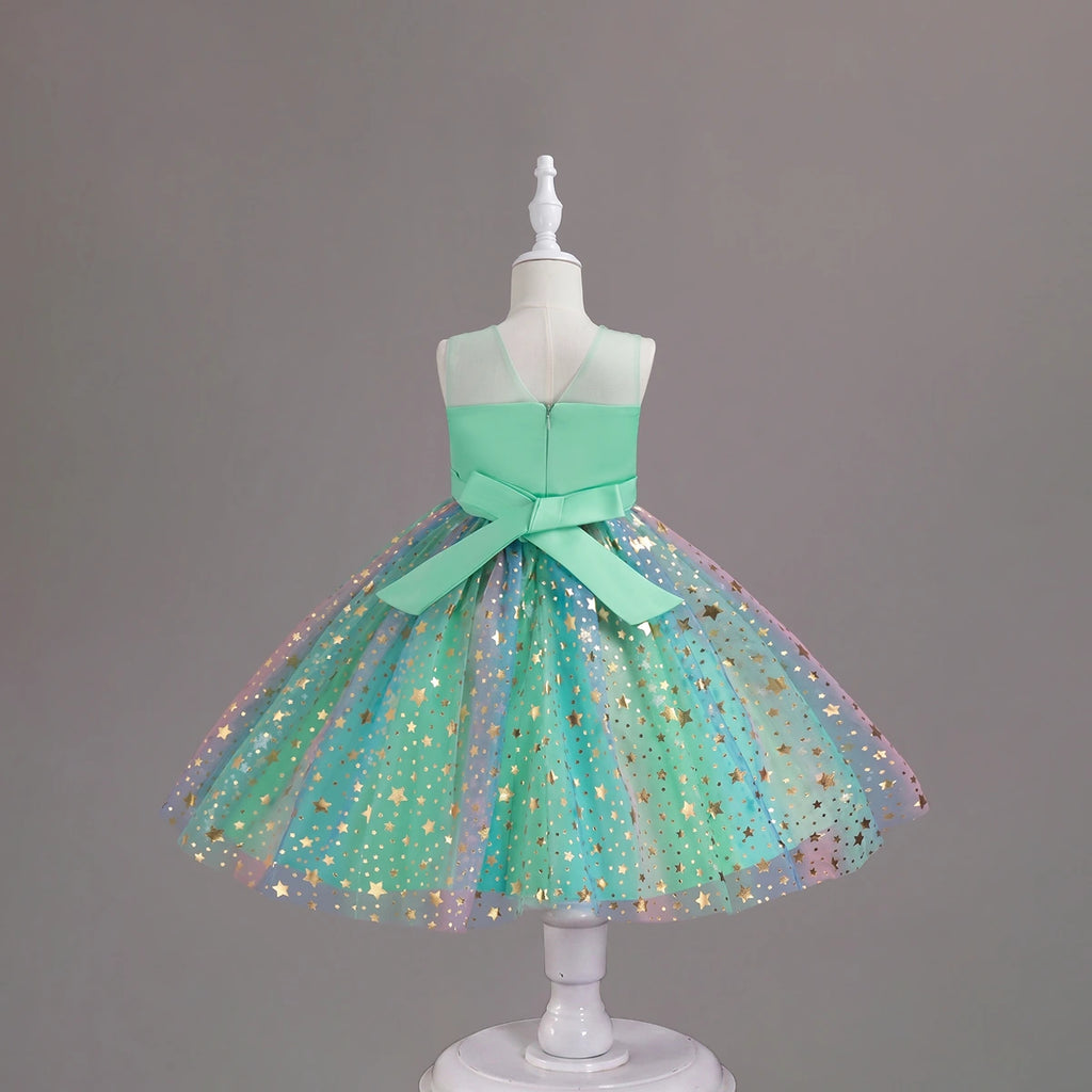 Girls Light Green Star Foil Print Sleeveless Fit & Flare Party Wear Dress Party Dresses