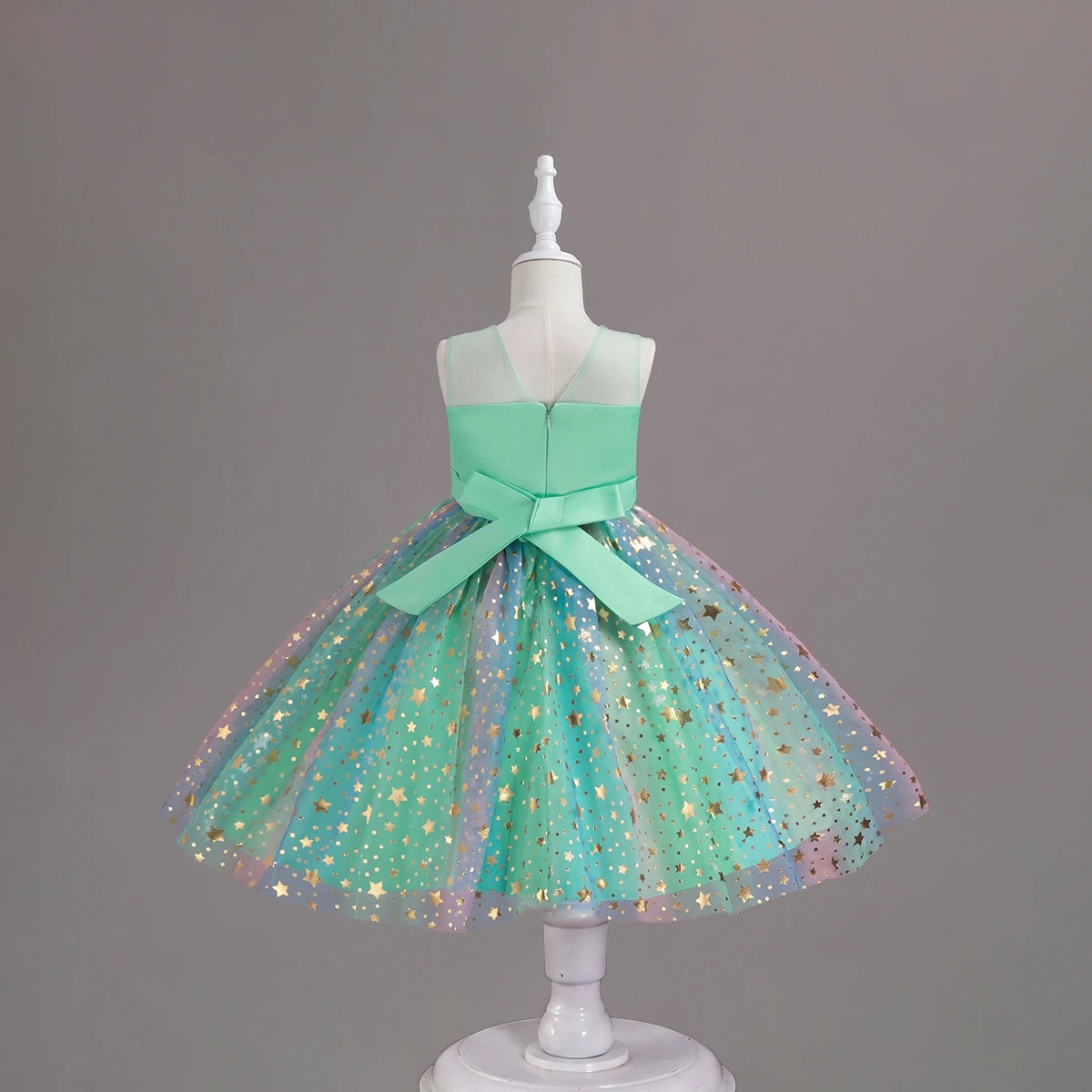 Girls Light Green Star Foil Print Sleeveless Fit & Flare Party Wear Dress Party Dresses