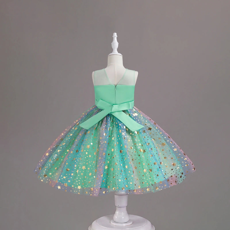 Girls Light Green Star Foil Print Sleeveless Fit & Flare Party Wear Dress Party Dresses