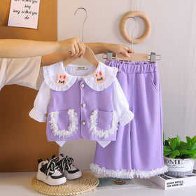Girls Purple Solid Sleeveless Jacket With Top & Pants Set Sets Purple 1-2 Y
