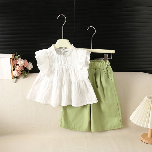 Girls White Self-Design Ruffle Neck Top With Pants Sets 2 pc. Sets White 1-2 Y
