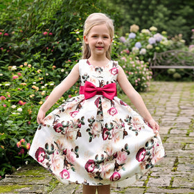 Girls Off White Floral Printed Sleeveless Fit & Flare Dress With Bow Detail Casual Dresses Off White 2-3 Y