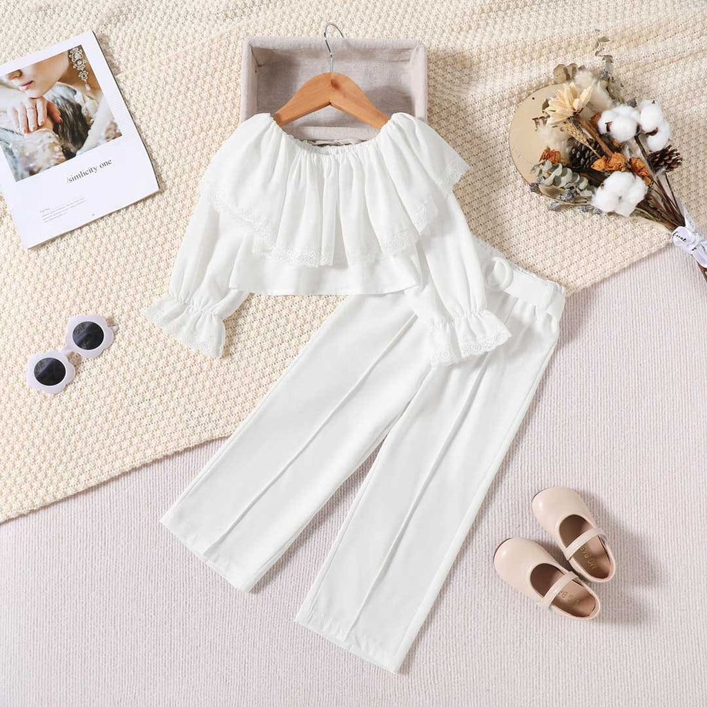 Girls Ruffled Neck Long Sleeves Top With Pants & Belt Set