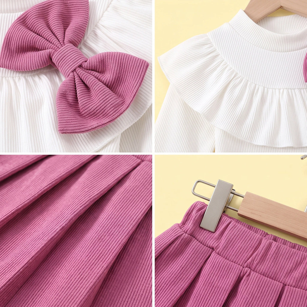 Girls Dark Pink Bow Applique Long Sleeve Top with Skirt Sets 2 pc. Sets