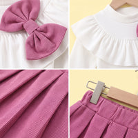 Girls Dark Pink Bow Applique Long Sleeve Top with Skirt Sets 2 pc. Sets