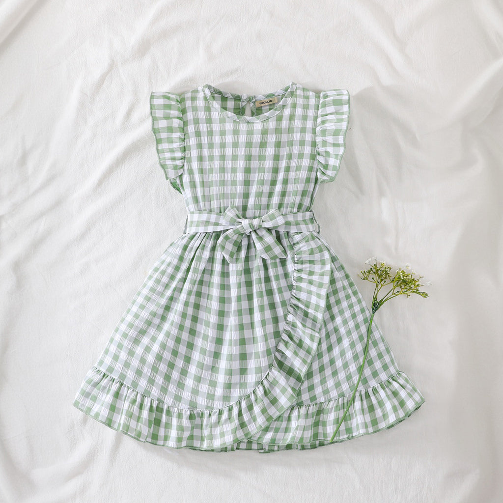 Girls Green Checked Fit & Flare Summer Casual Dress Casual Dresses