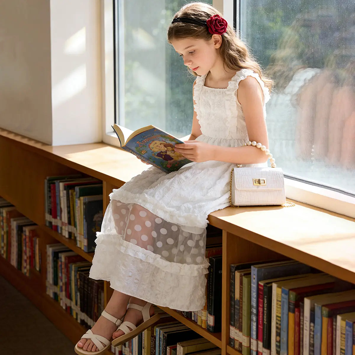 Girls White Sleeveless A-line Midi Dress With Ruffle Details Casual Dresses