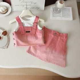 Girls Pink Denim Vest With Sleeveless Top And Denim Skirt Sets 3 pc. Sets Pink 1-2 Y