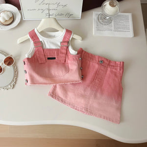 Girls Pink Denim Vest With Sleeveless Top And Denim Skirt Sets 3 pc. Sets Pink 1-2 Y