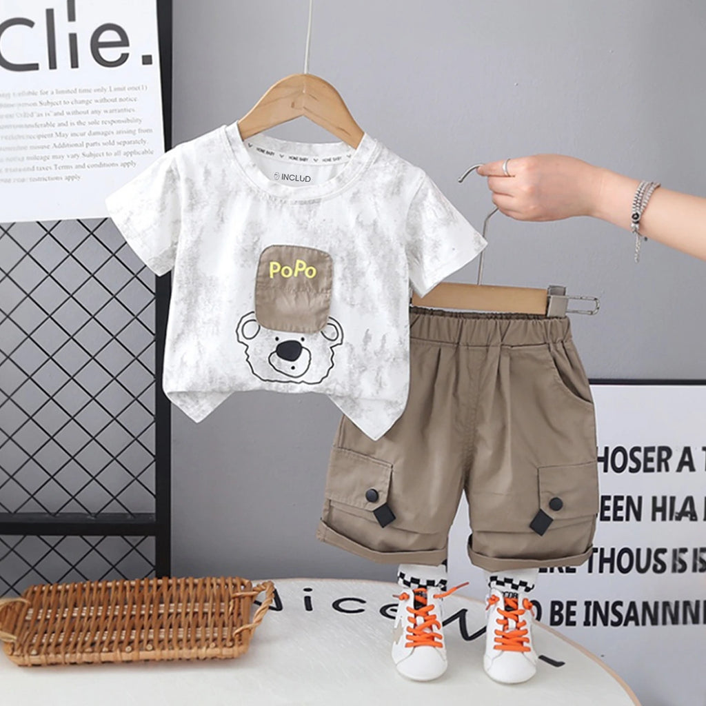 Boys White Bear Graphic Printed Short Sleeve T-Shirt With Cargo Shorts Sets 2 pc. Sets White 1-2 Y