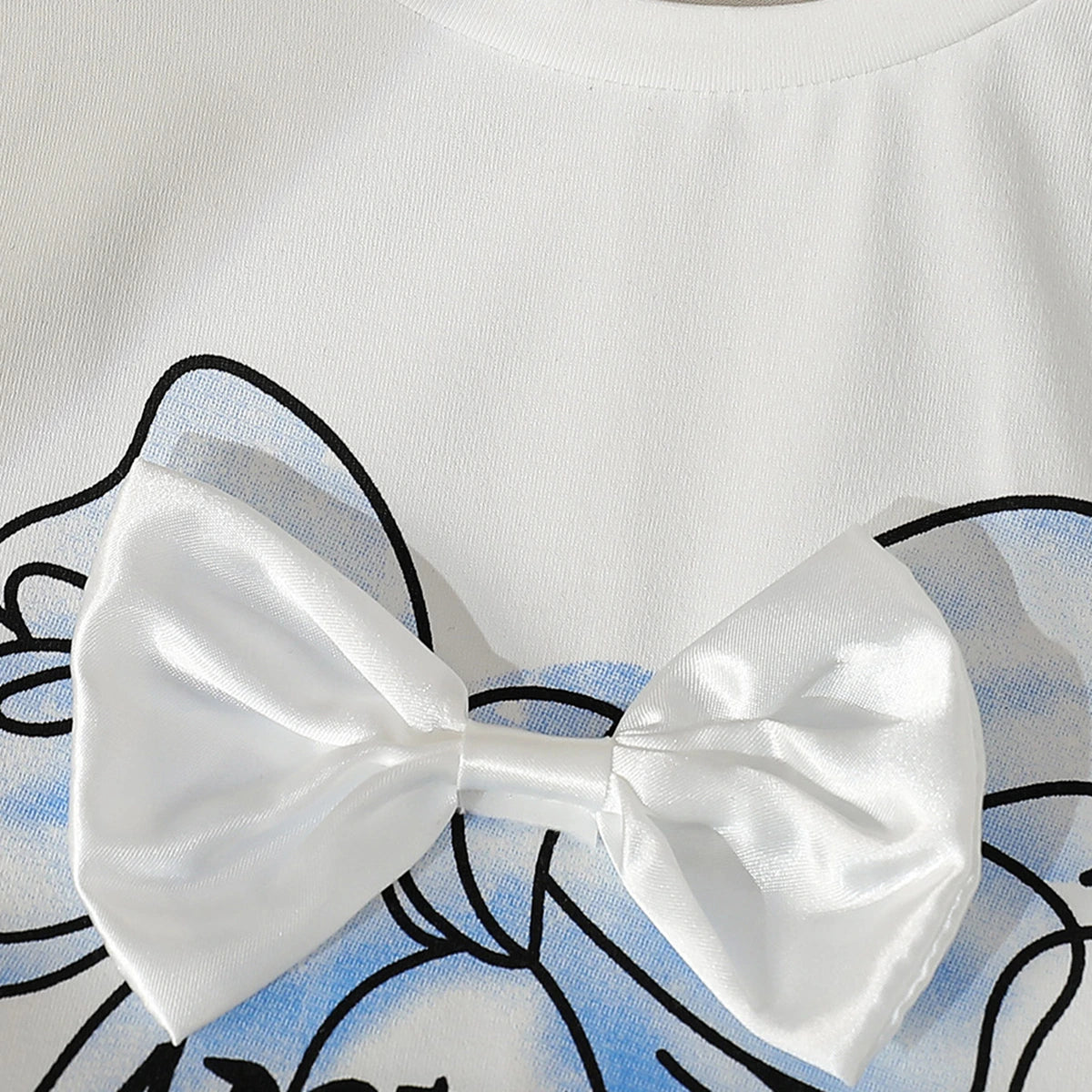 Girls White Printed Bow Short Sleeve T-Shirt With Denim Shorts Sets 2 pc. Sets