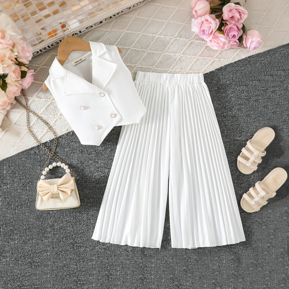Girls White Sleeveless Blazer Top With Pleated Flared Pant Co-ord Sets Sets White 2-3 Y