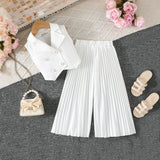 Girls White Sleeveless Blazer Top With Pleated Flared Pant Co-ord Sets