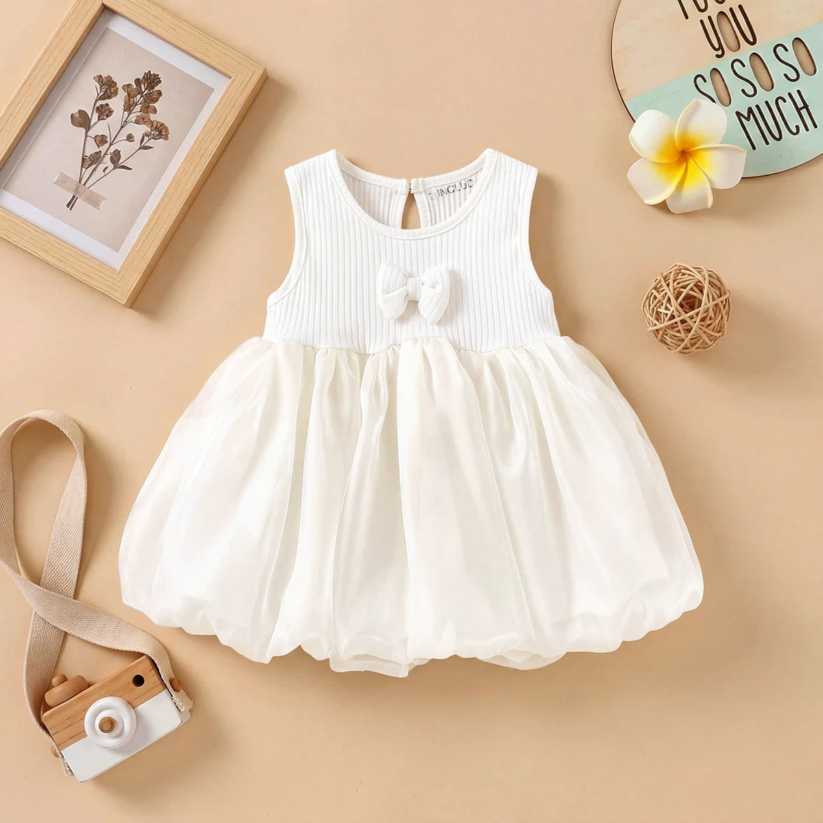 Girls Off White Bow Detailed Sleeveless Balloon Dress Casual Dresses Off White 1-2 Y