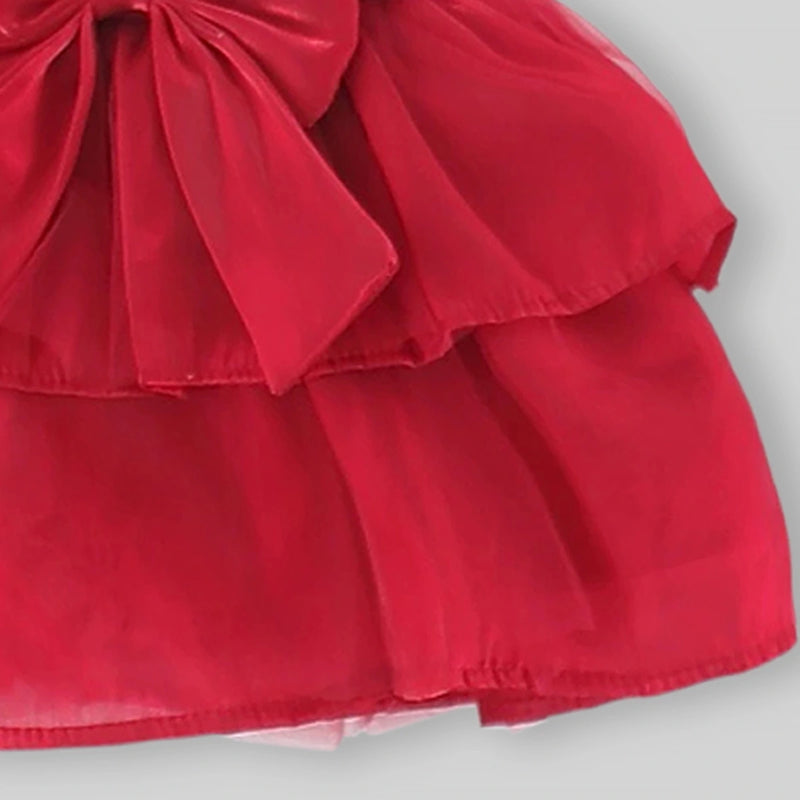 Girls Red Solid Bow Applique Sleeveless Fit And Flare Dress Casual Dresses