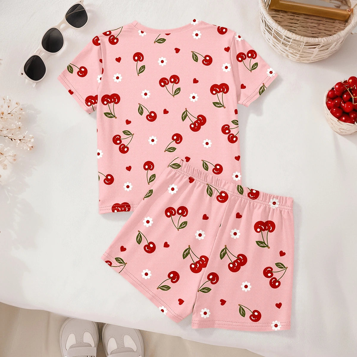 Girls Pink Cherry Print Short Sleeve T-Shirt With Shorts Sets 2 pc. Sets