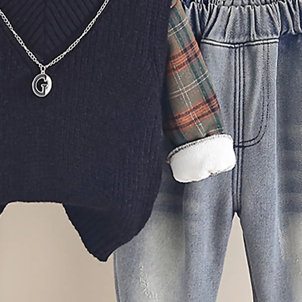 Boys Black Sweater Vest With Checked Shirt & Denim Pant Sets Sets