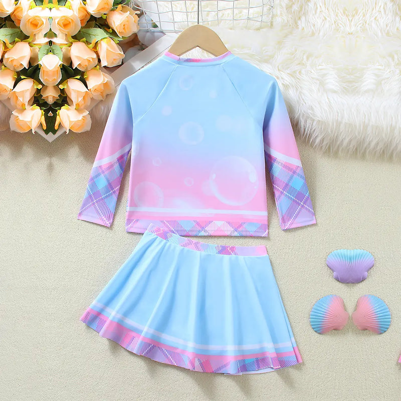 Girls Light Blue Graphics Long Sleeves T-Shirt With Skirts Swimwear Sets Beachwear