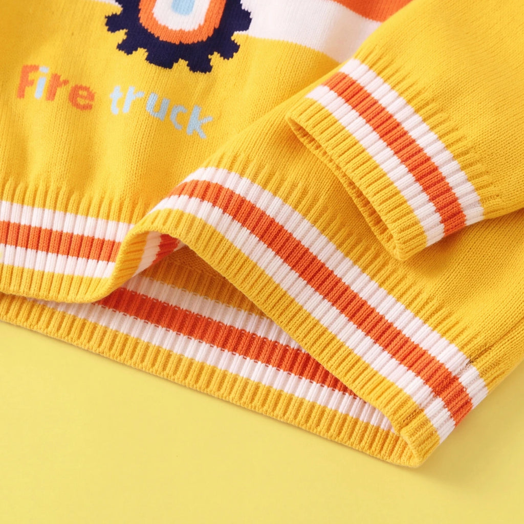 Boys Yellow Sweater With Self-Design Fire Truck Pattern Sweaters & Cardigans
